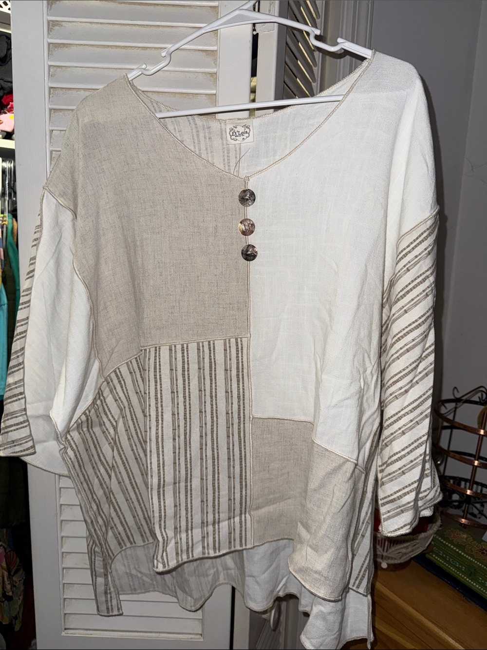 Relaxed Patchwork Tunic Top in Beige & White- Size L/XL